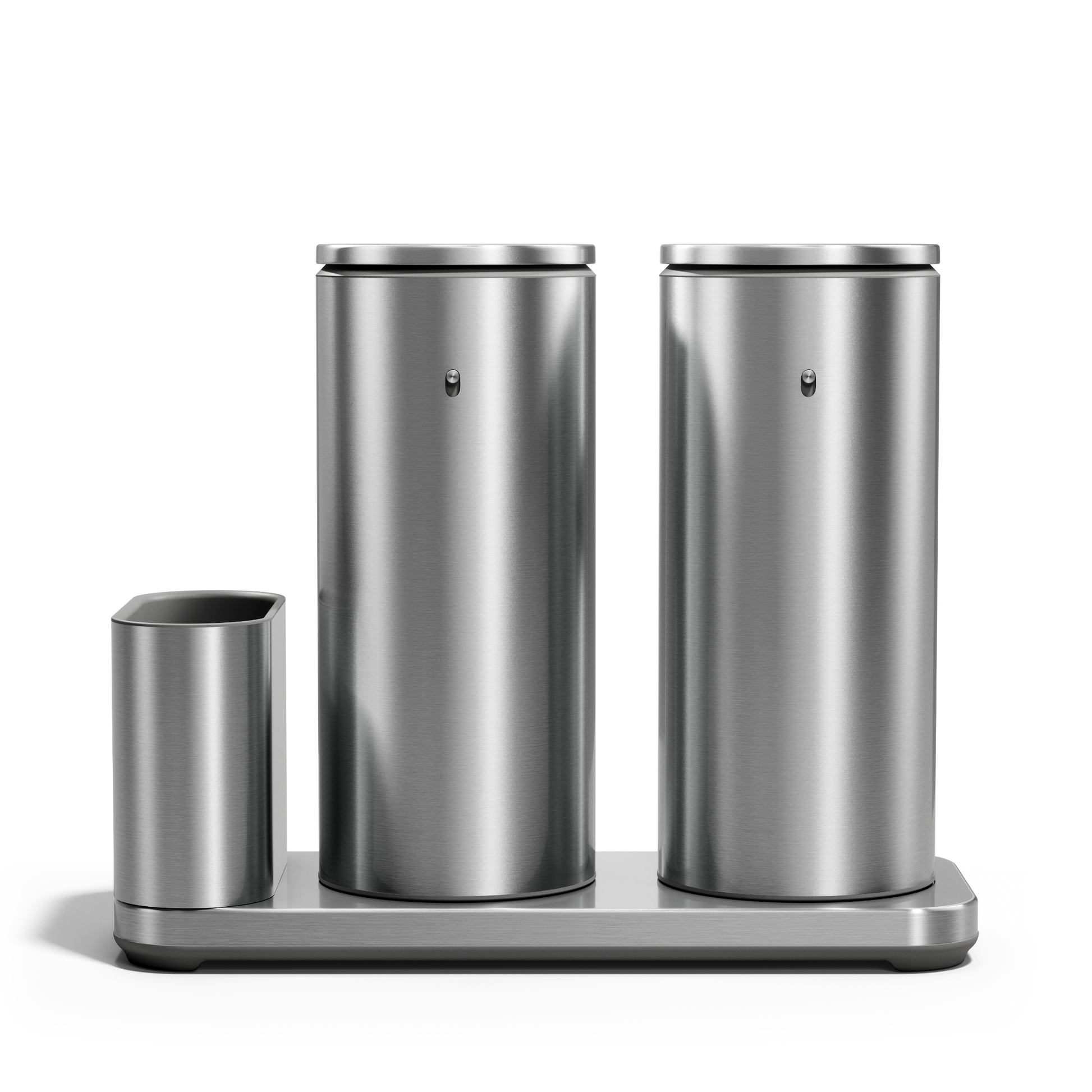 Front view: Simplehuman Dual Sensor Pump 14 oz. with Caddy in Brushed Stainless Steel, rechargeable, hands-free.