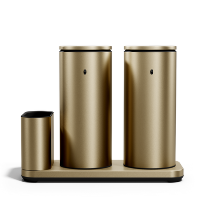 Straight-on view of Simplehuman Brushed Brass Dual Sensor Pump 14 oz. with Caddy, twin rechargeable hands-free dispensers.