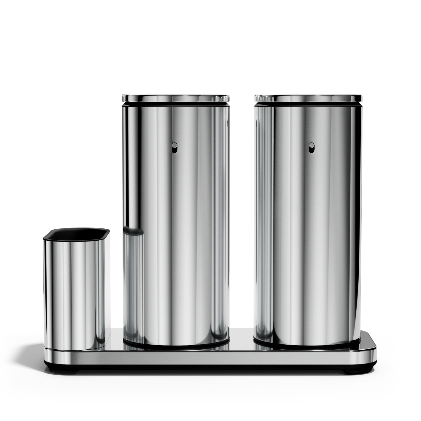 Front view of Simplehuman Polished Stainless Steel Dual Sensor Pump 14 oz. with Caddy, rechargeable, touch-free.