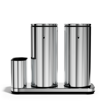 Front view of Simplehuman Polished Stainless Steel Dual Sensor Pump 14 oz. with Caddy, rechargeable, touch-free.