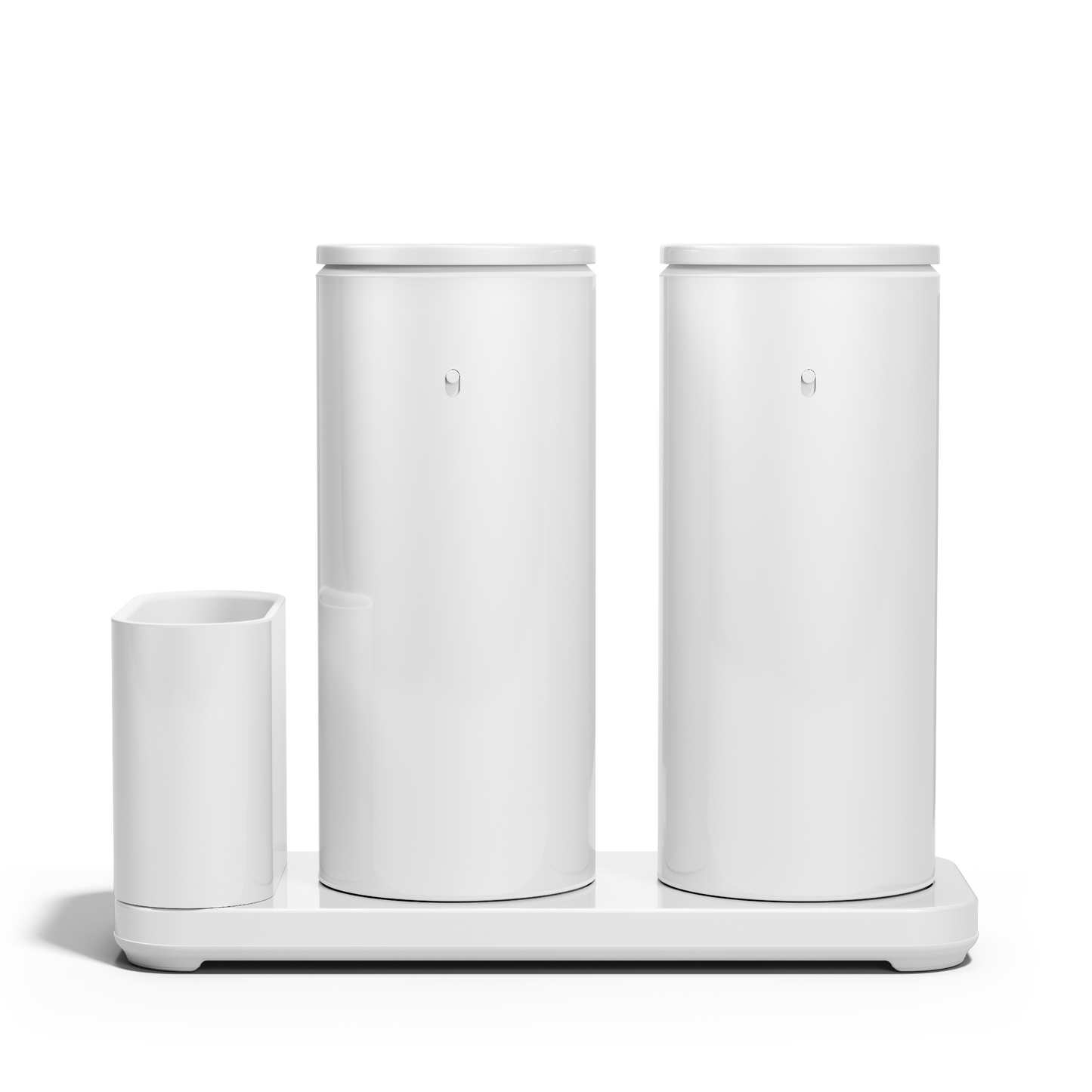 Front view: Simplehuman White Dual Sensor Pump 14 oz. with Caddy, twin rechargeable hands-free dispensers.