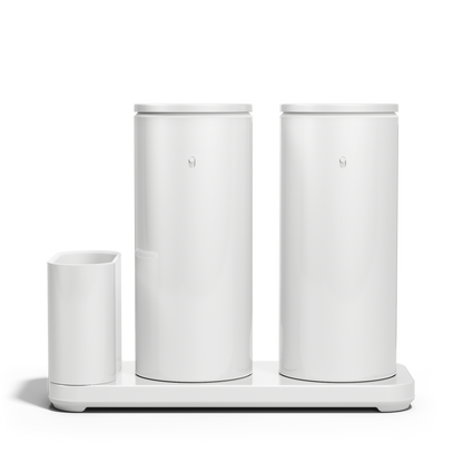 Front view: Simplehuman White Dual Sensor Pump 14 oz. with Caddy, twin rechargeable hands-free dispensers.