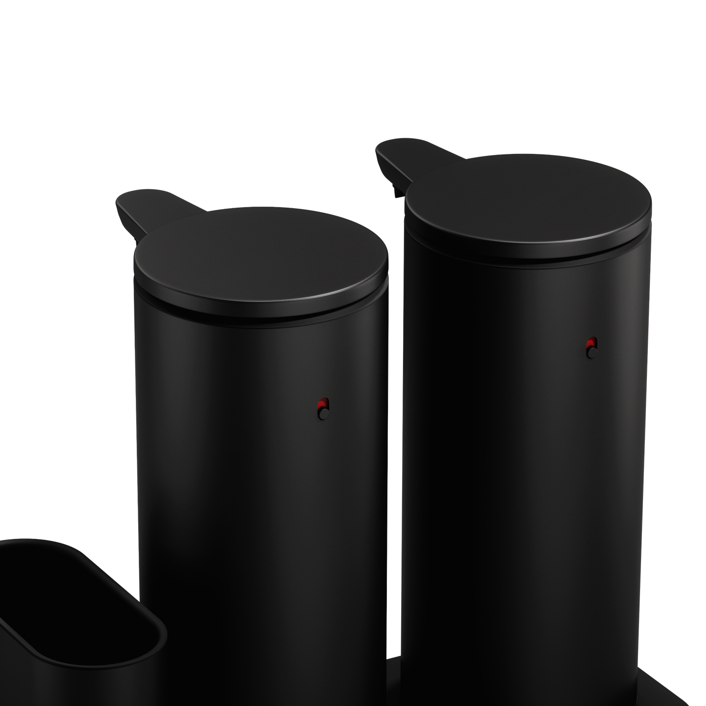 Detail view of Simplehuman Matte Black Dual Sensor Pump 14 oz., showing twin rechargeable, touch-free dispensers.