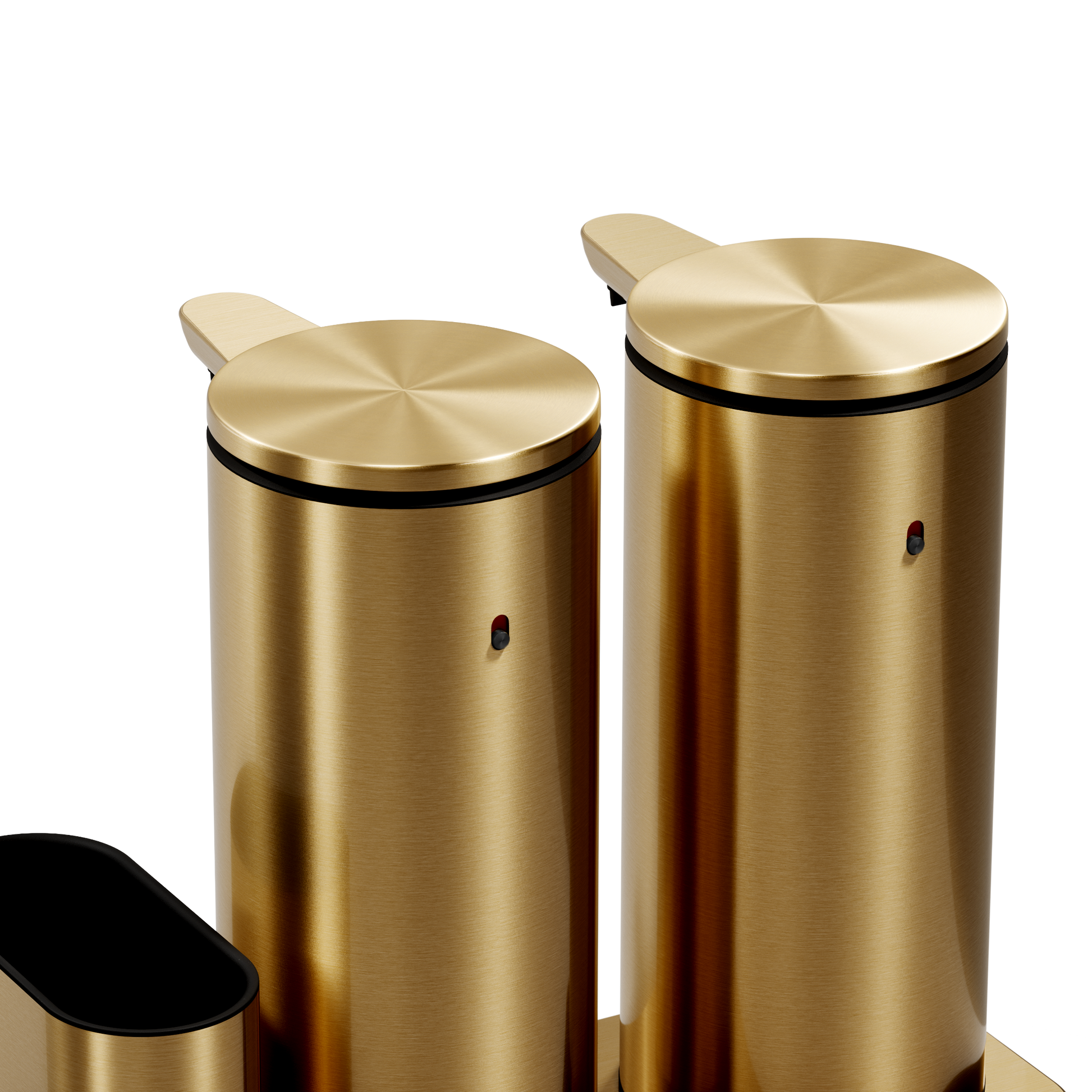 Detail view of Simplehuman Brushed Brass Dual Sensor Pump 14 oz., emphasizing brushed metal tops and twin touch-free sensors.