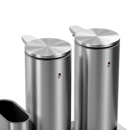 Close-up: Simplehuman Dual Sensor Pump 14 oz. in Brushed Stainless Steel, showing rechargeable, twin touch-free dispensers.