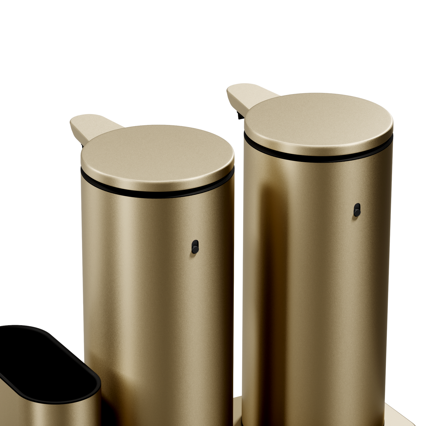 Close-up showing the cylindrical bodies of the Simplehuman Brushed Brass Dual Sensor Pump 14 oz., rechargeable, hands-free.
