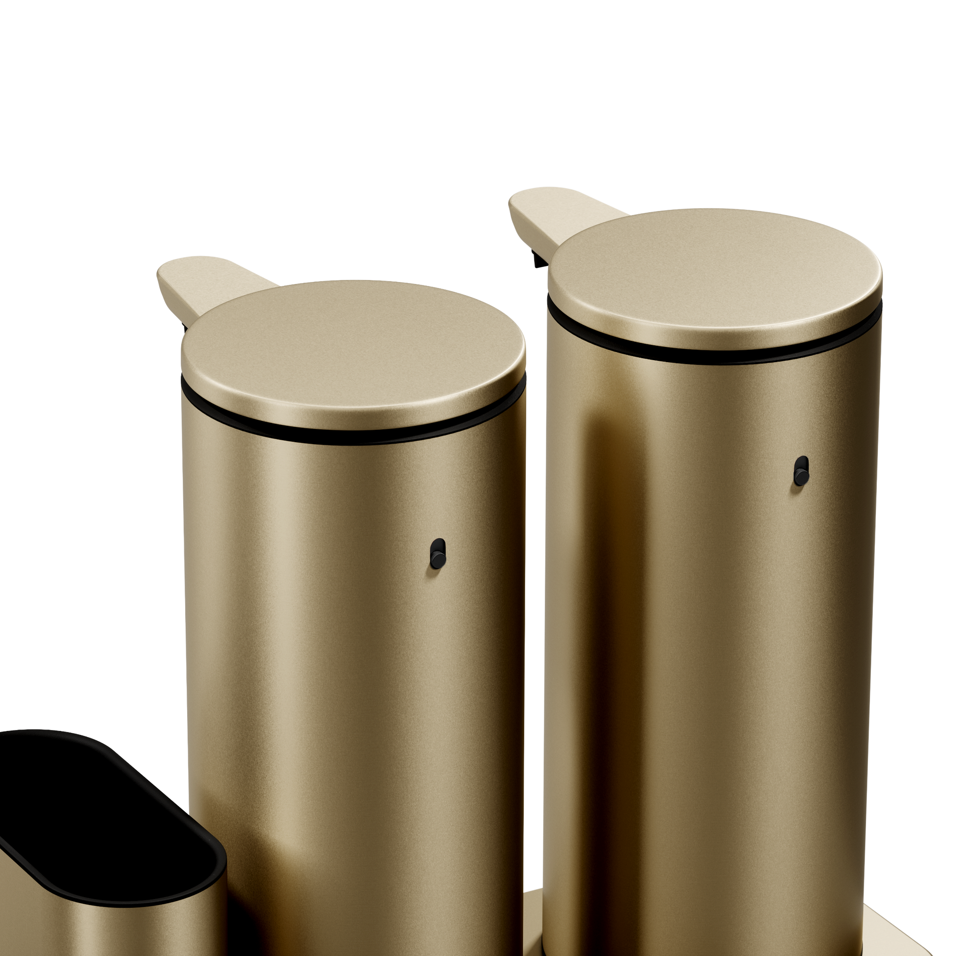 Close-up showing the cylindrical bodies of the Simplehuman Brushed Brass Dual Sensor Pump 14 oz., rechargeable, hands-free.
