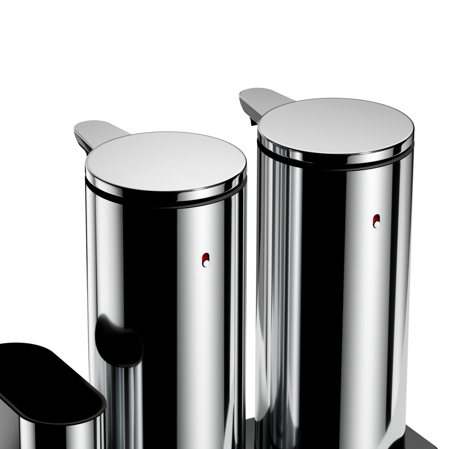 Detail view: Simplehuman Polished Stainless Steel Dual Sensor Pump 14 oz., showing twin reflective, touch-free dispensers.