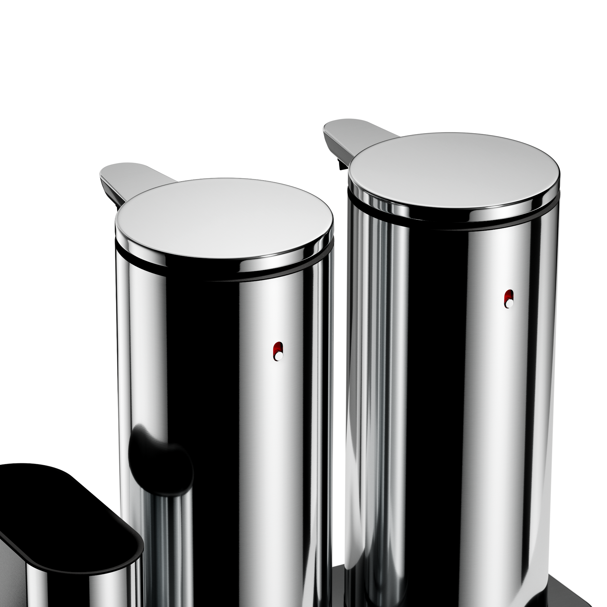 Detail view: Simplehuman Polished Stainless Steel Dual Sensor Pump 14 oz., showing twin reflective, touch-free dispensers.