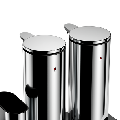Detail view: Simplehuman Polished Stainless Steel Dual Sensor Pump 14 oz., showing twin reflective, touch-free dispensers.
