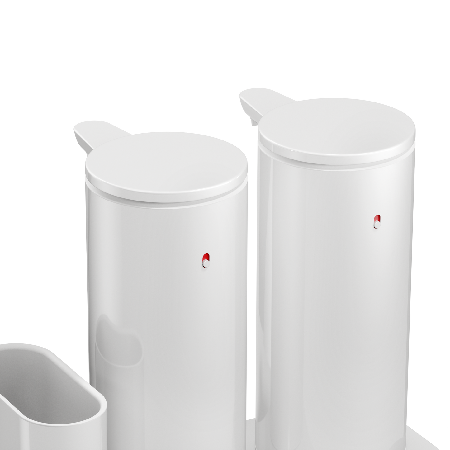 Close-up of Simplehuman White Dual Sensor Pump 14 oz., highlighting the two rechargeable, touch-free dispensers.