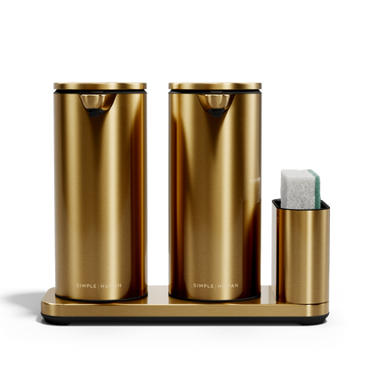 Simplehuman Brushed Brass Dual Sensor Pump 14 oz. with Caddy holding sponge, twin touch-free dispensers.