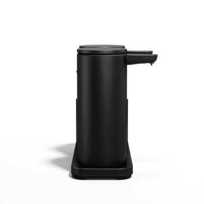 Side view of Simplehuman Matte Black Dual Sensor Pump 14 oz. with Caddy, rechargeable and hands-free.