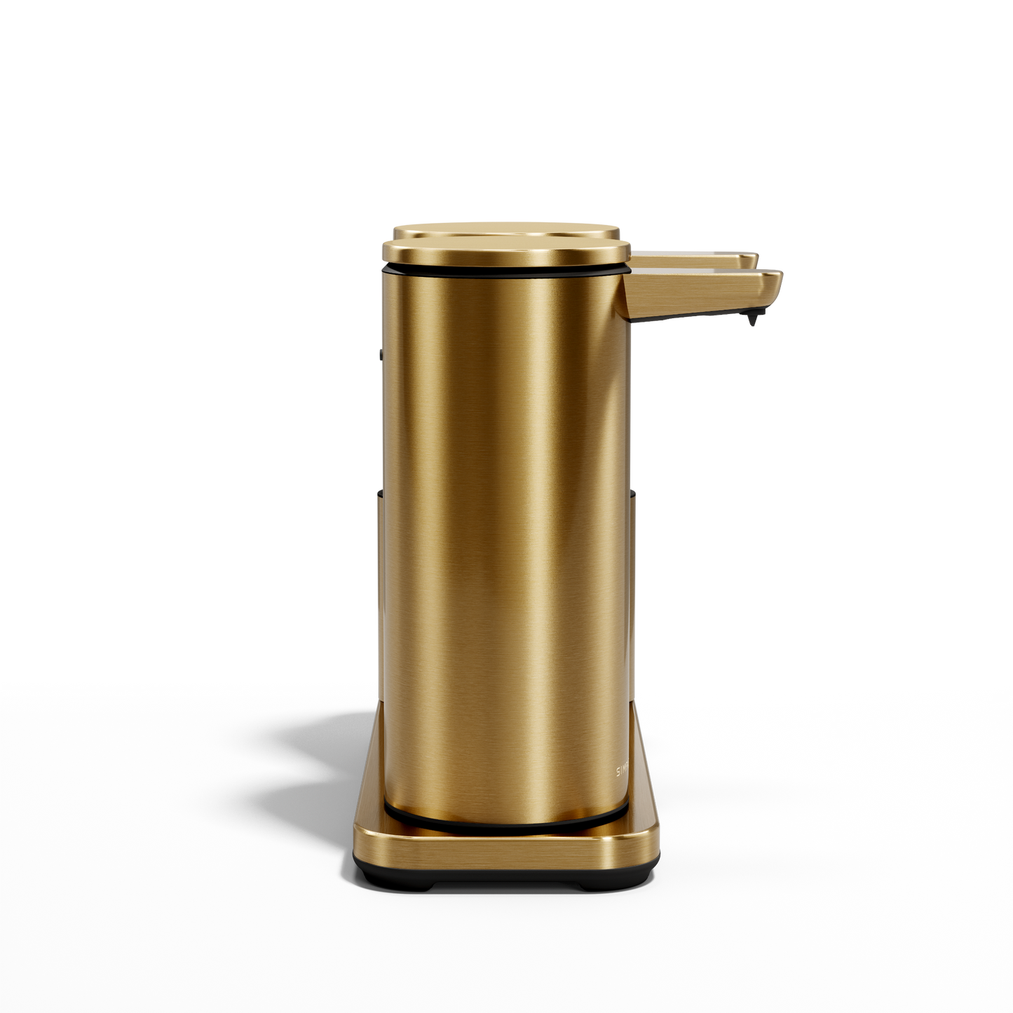 Profile studio view: Simplehuman Brushed Brass Dual Sensor Pump 14 oz. with Caddy, twin rechargeable hands-free dispensers.