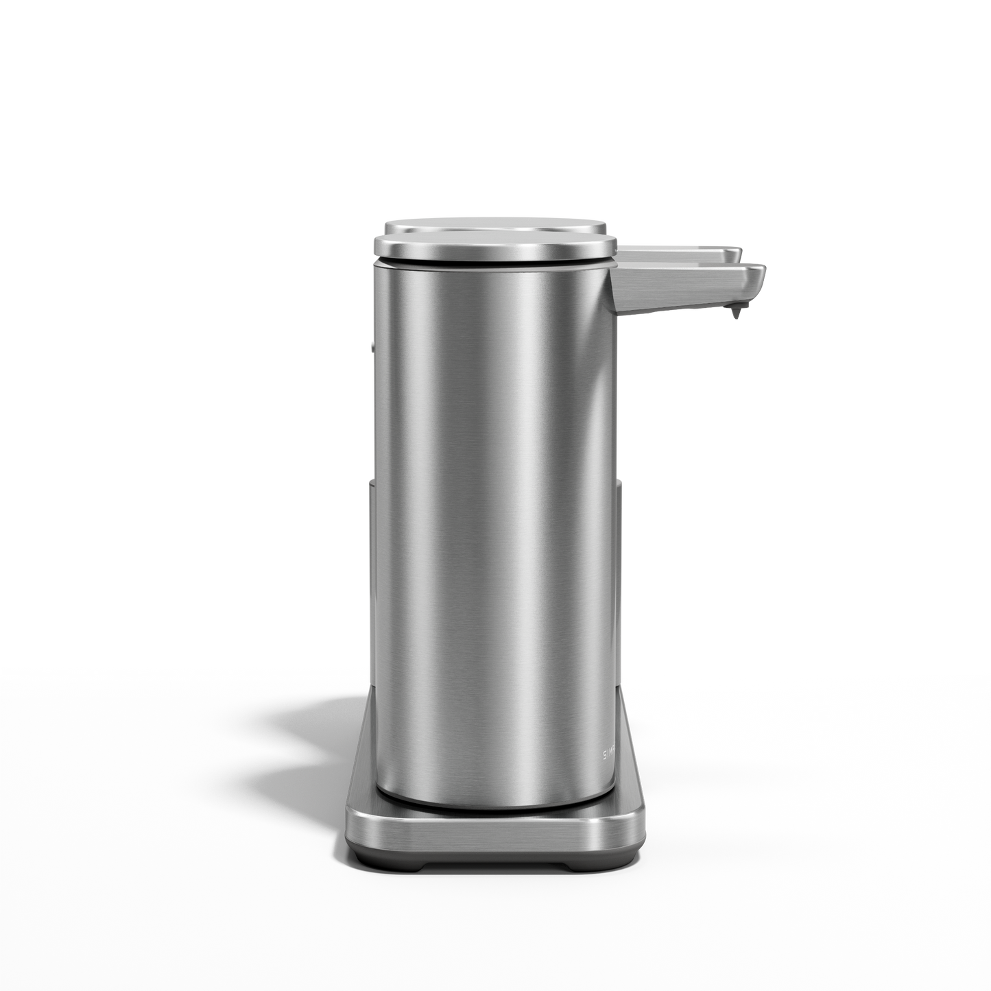 Side view of Simplehuman Brushed Stainless Steel Dual Sensor Pump 14 oz. on caddy, rechargeable and touch-free.