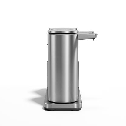 Side view of Simplehuman Brushed Stainless Steel Dual Sensor Pump 14 oz. on caddy, rechargeable and touch-free.