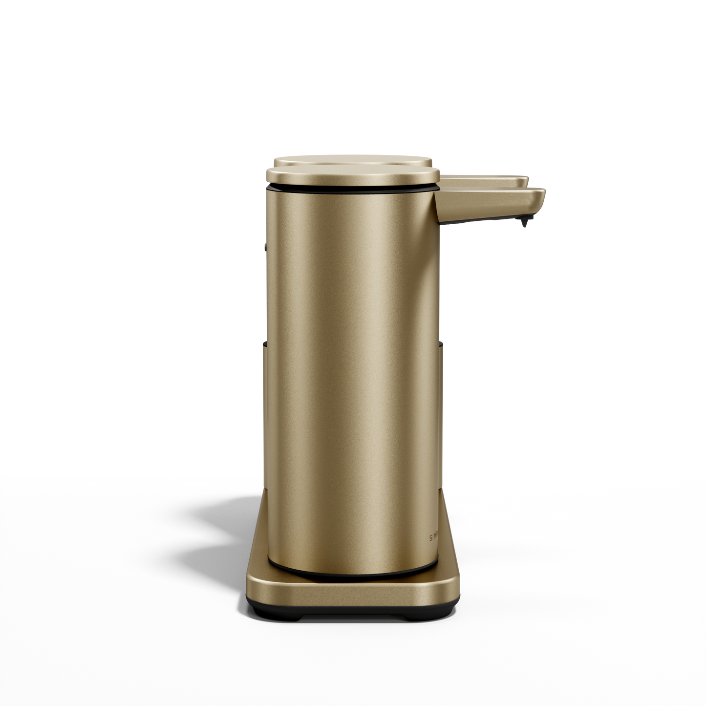 Side profile of Simplehuman Brushed Brass Dual Sensor Pump 14 oz. on caddy, rechargeable, hands-free dispensing.