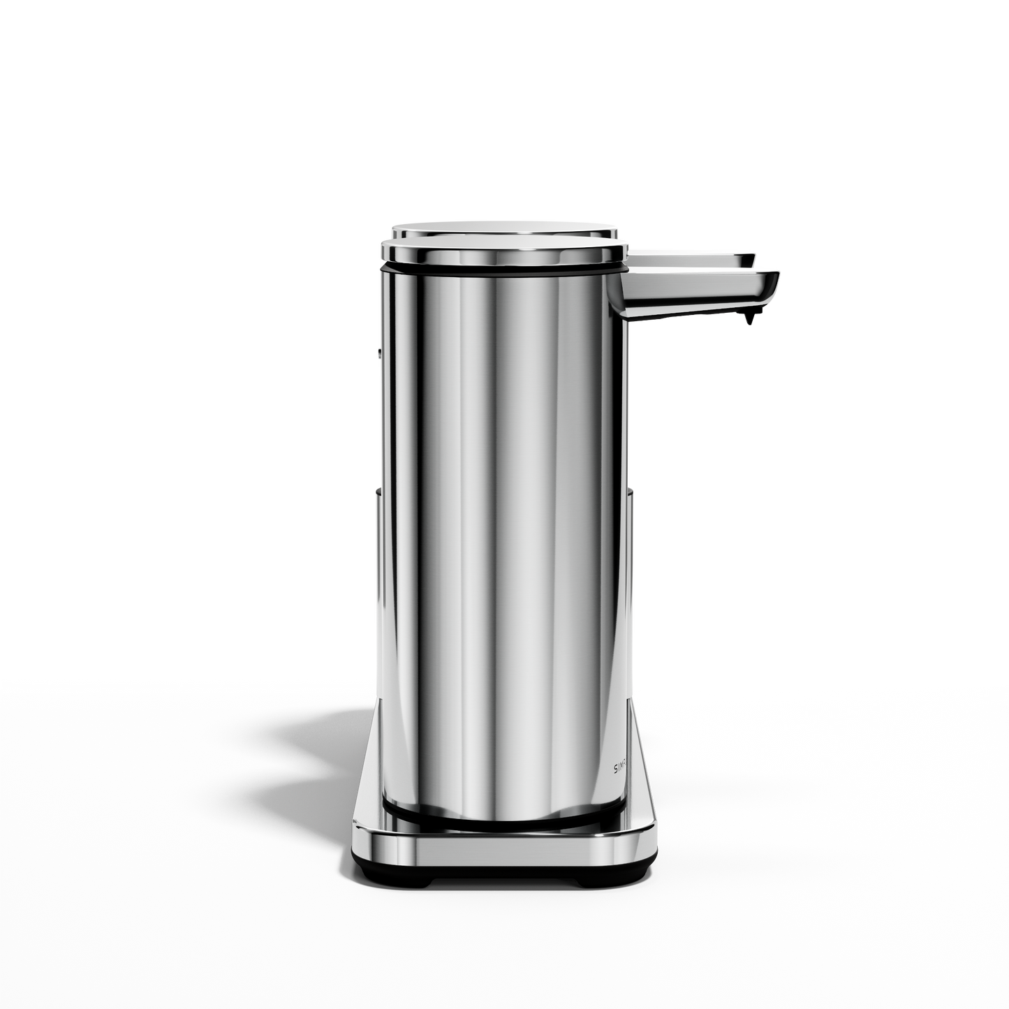 Isolated view: Simplehuman Polished Stainless Steel Dual Sensor Pump 14 oz. on caddy, rechargeable, twin touch-free dispensers.