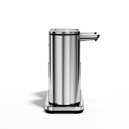 Isolated view: Simplehuman Polished Stainless Steel Dual Sensor Pump 14 oz. on caddy, rechargeable, twin touch-free dispensers.