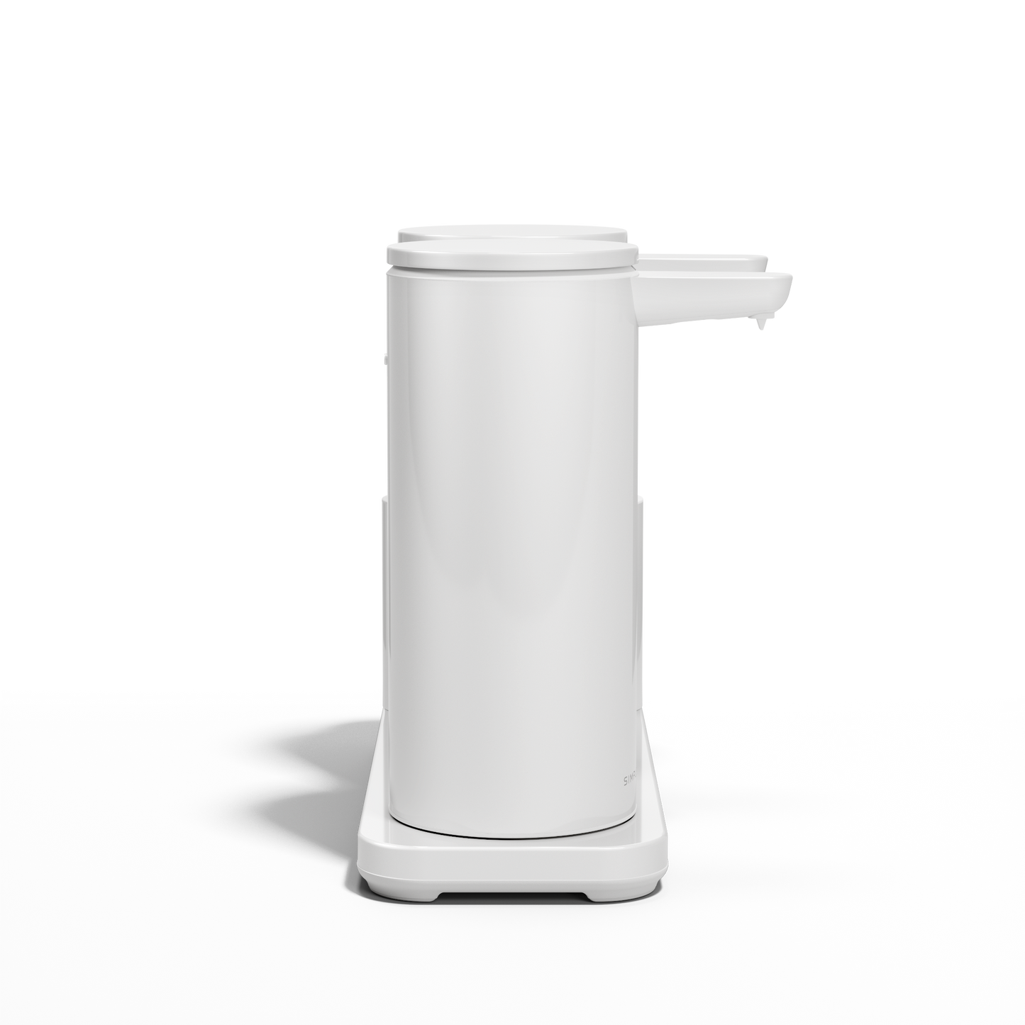Profile view of Simplehuman White Dual Sensor Pump 14 oz. with Caddy, rechargeable, hands-free dispenser.