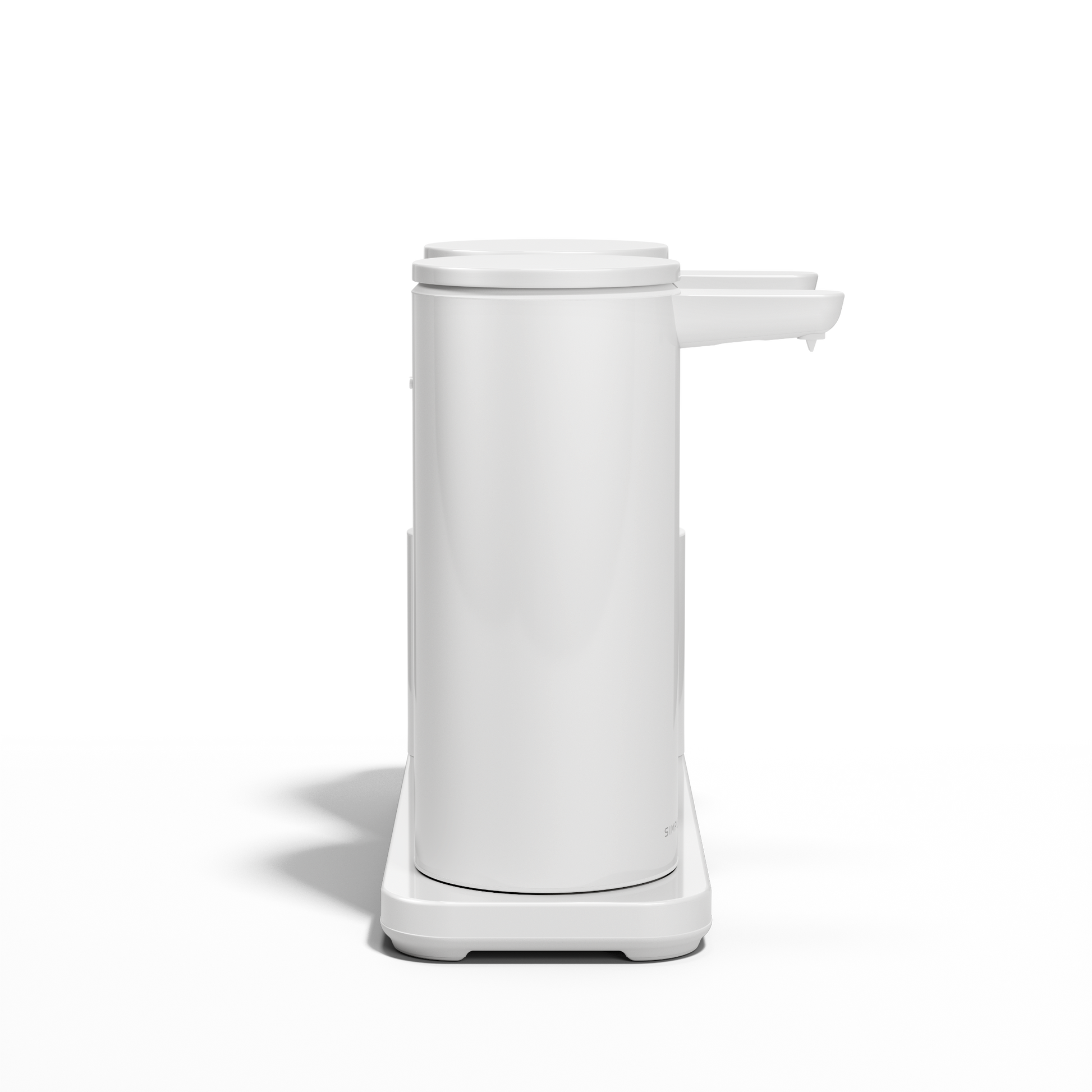 Profile view of Simplehuman White Dual Sensor Pump 14 oz. with Caddy, rechargeable, hands-free dispenser.