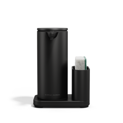 Simplehuman Matte Black 14 oz Sensor Pump + Caddy, touch-free dispenser with integrated sponge holder.
