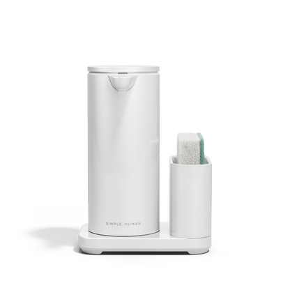 Simplehuman White 14 oz Sensor Pump + Caddy holding a sponge, touch-free, space-saving design.
