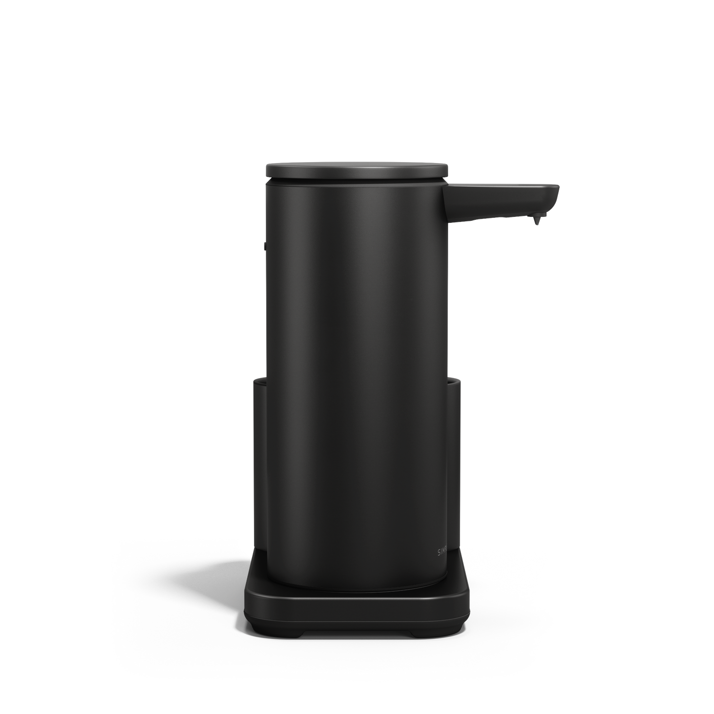 Side view of Simplehuman Matte Black 14 oz Sensor Pump + Caddy, touch-free rechargeable dispenser.