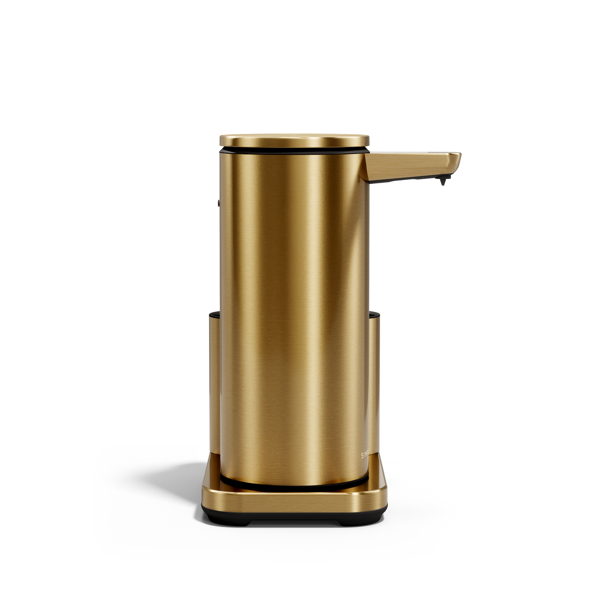 Simplehuman Brushed Brass 14 oz Sensor Pump + Caddy, front view, rechargeable touch-free dispenser.