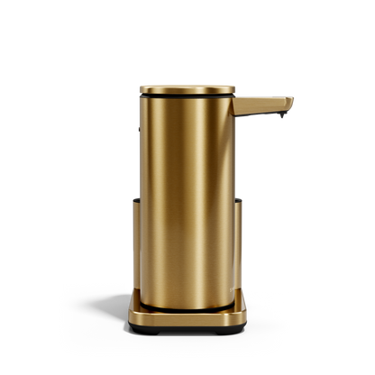 Simplehuman Brushed Brass 14 oz Sensor Pump + Caddy, front view, rechargeable touch-free dispenser.