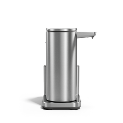 Front view: Simplehuman 14 oz Sensor Pump + Caddy, Brushed Stainless Steel, touch-free, rechargeable design.