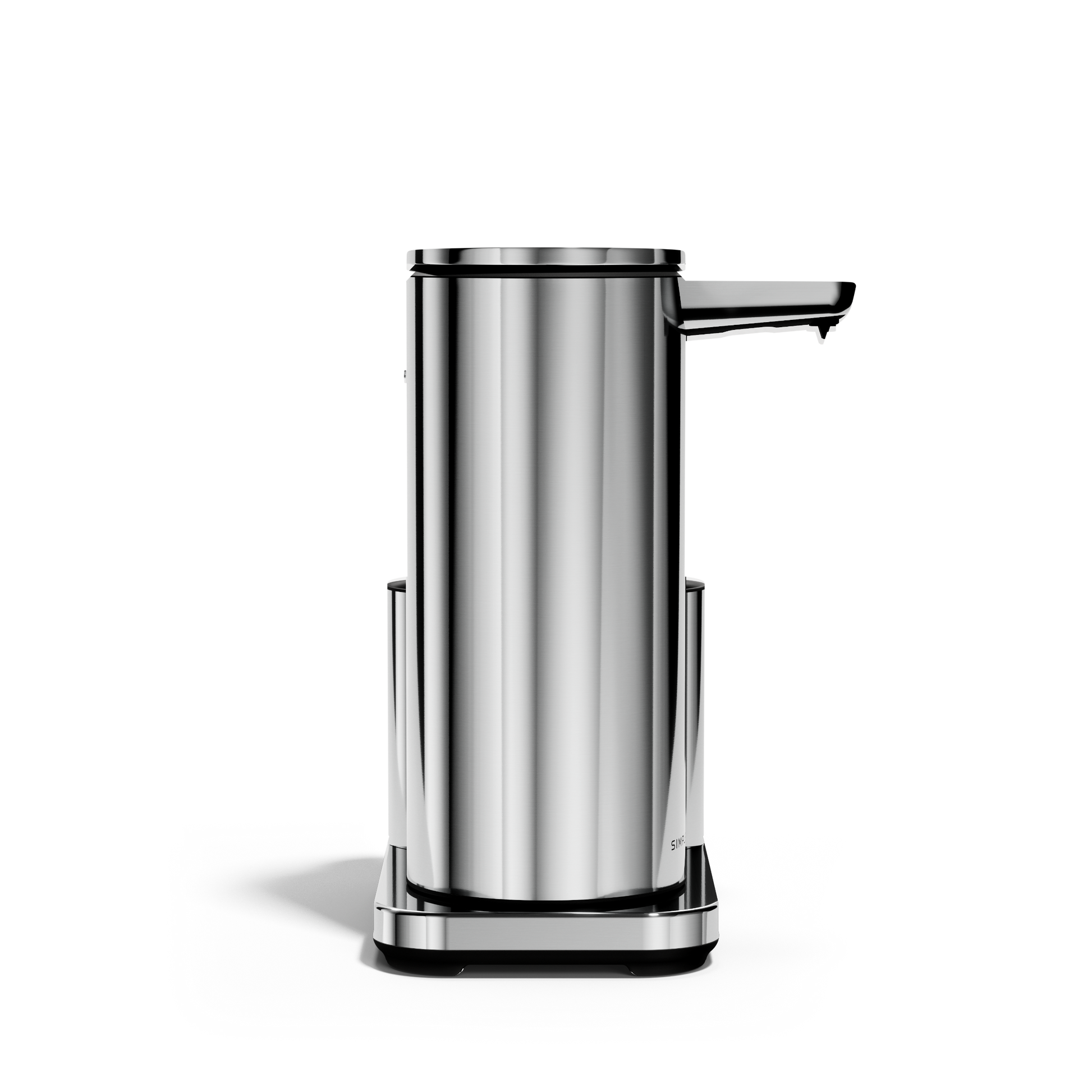 Studio front view: Simplehuman Polished Stainless Steel 14 oz Sensor Pump + Caddy, rechargeable touch-free dispenser.
