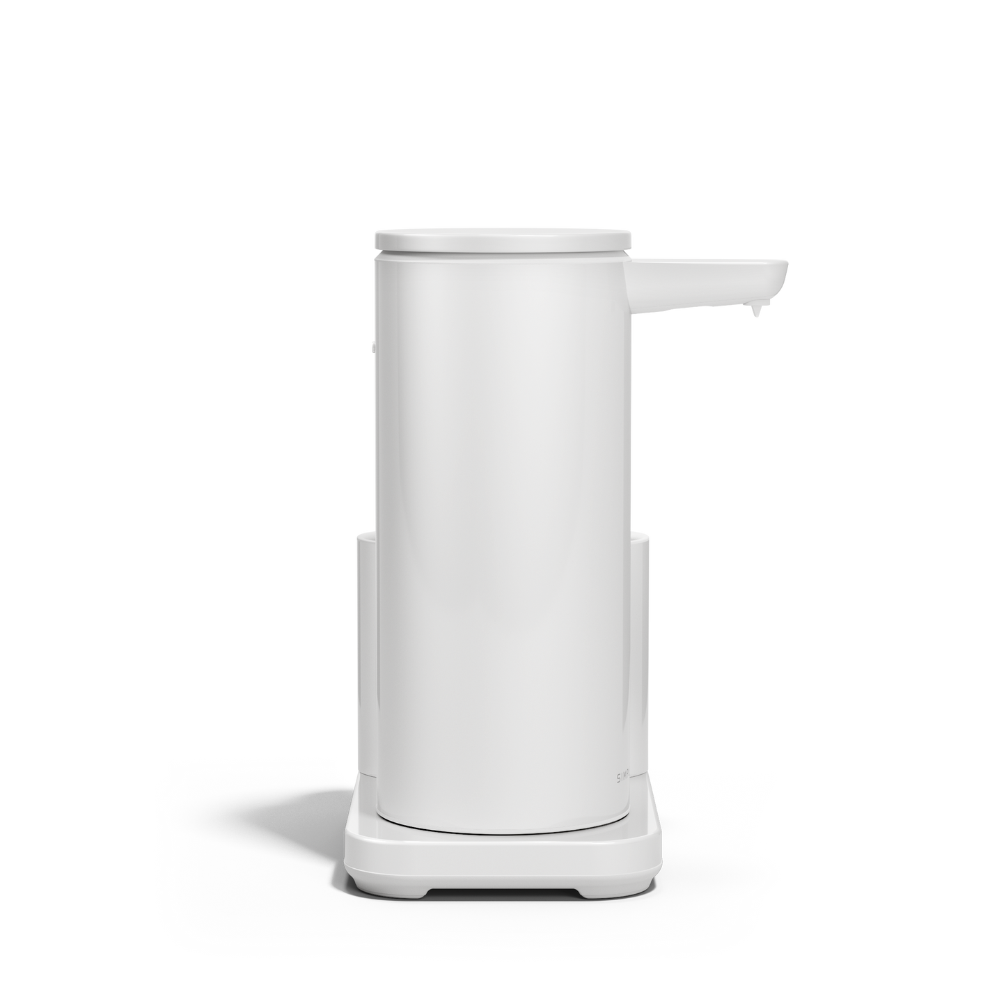 Side view of Simplehuman White 14 oz Sensor Pump + Caddy, rechargeable, touch-free, with integrated removable caddy.