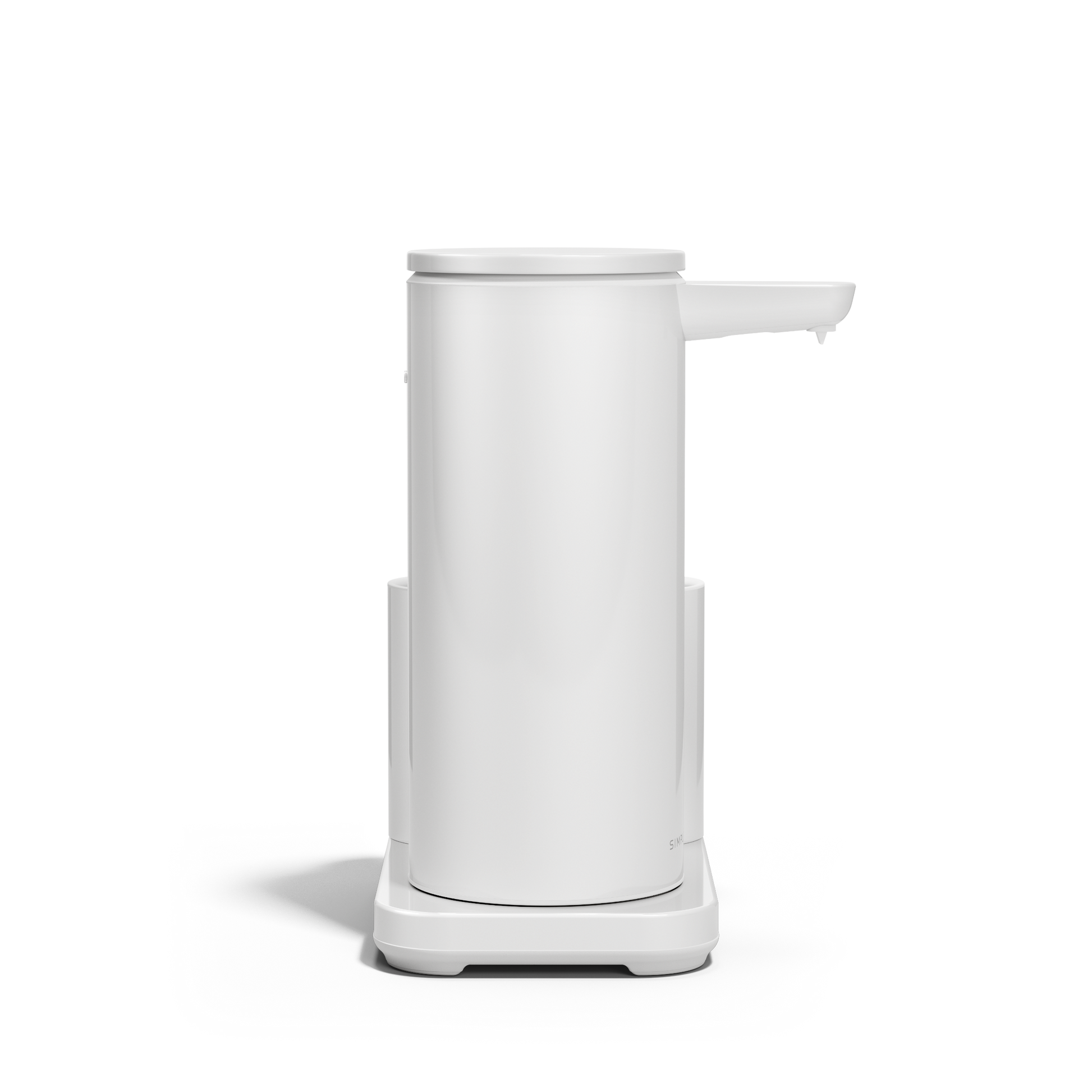 Side view of Simplehuman White 14 oz Sensor Pump + Caddy, rechargeable, touch-free, with integrated removable caddy.