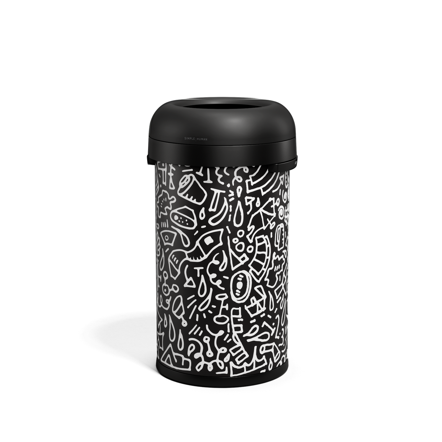 Angled view of Simplehuman 60L Bullet Open Can, Black with custom Doodle graphic, high-capacity, quick disposal.