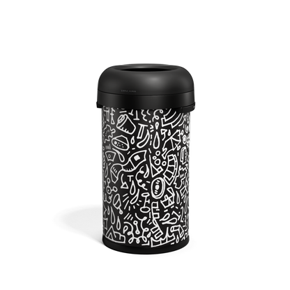 Angled view of Simplehuman 60L Bullet Open Can, Black with custom Doodle graphic, high-capacity, quick disposal.