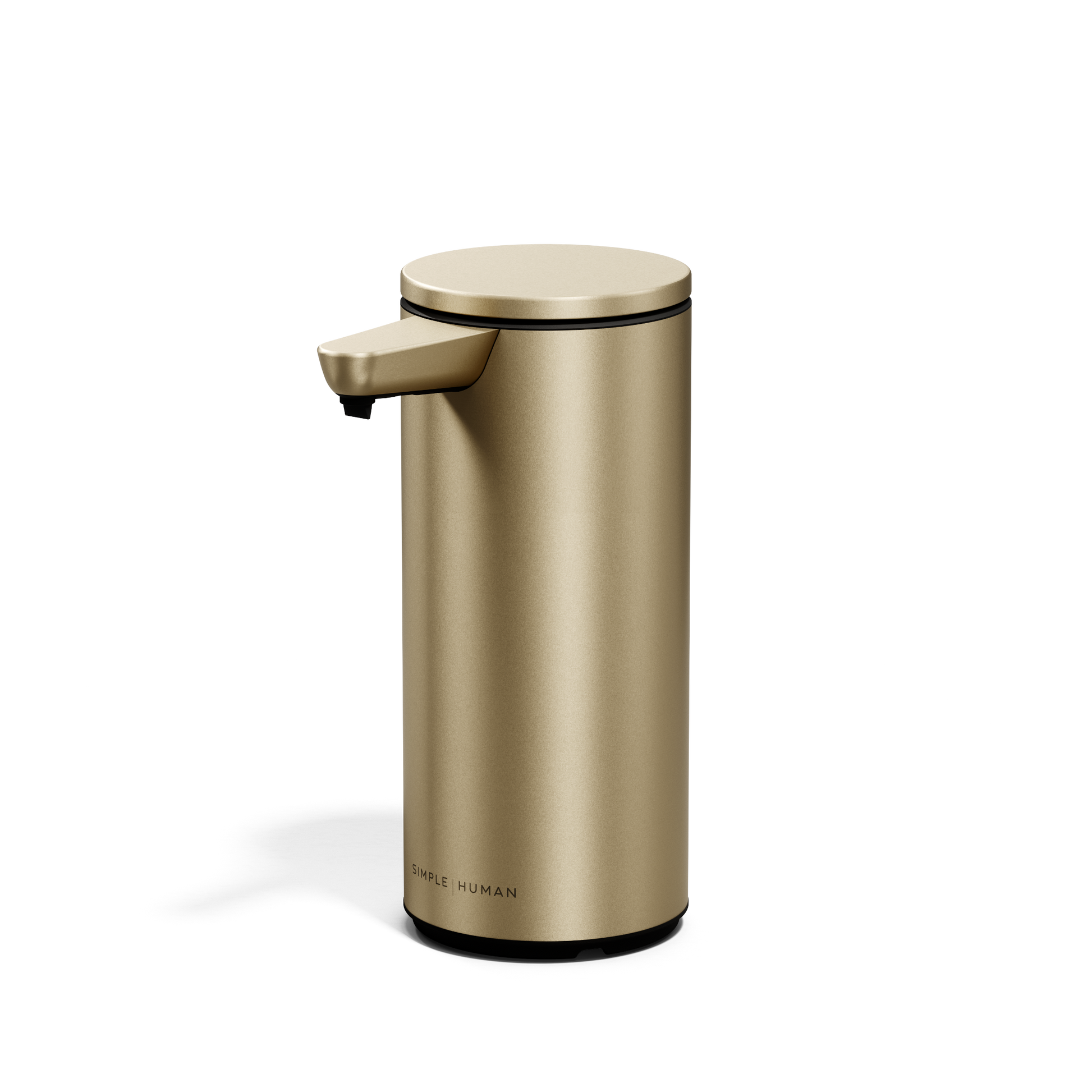 Simplehuman 9 oz. Rechargeable Sensor Pump in Brass, studio view, touch-free cylindrical dispenser.