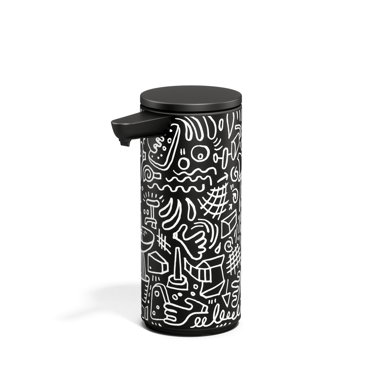 Angled view of Simplehuman 9 oz. Rechargeable Sensor Pump in Black Doodle Graphic, hands-free dispenser.