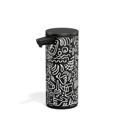 Angled view of Simplehuman 9 oz. Rechargeable Sensor Pump in Black Doodle Graphic, hands-free dispenser.