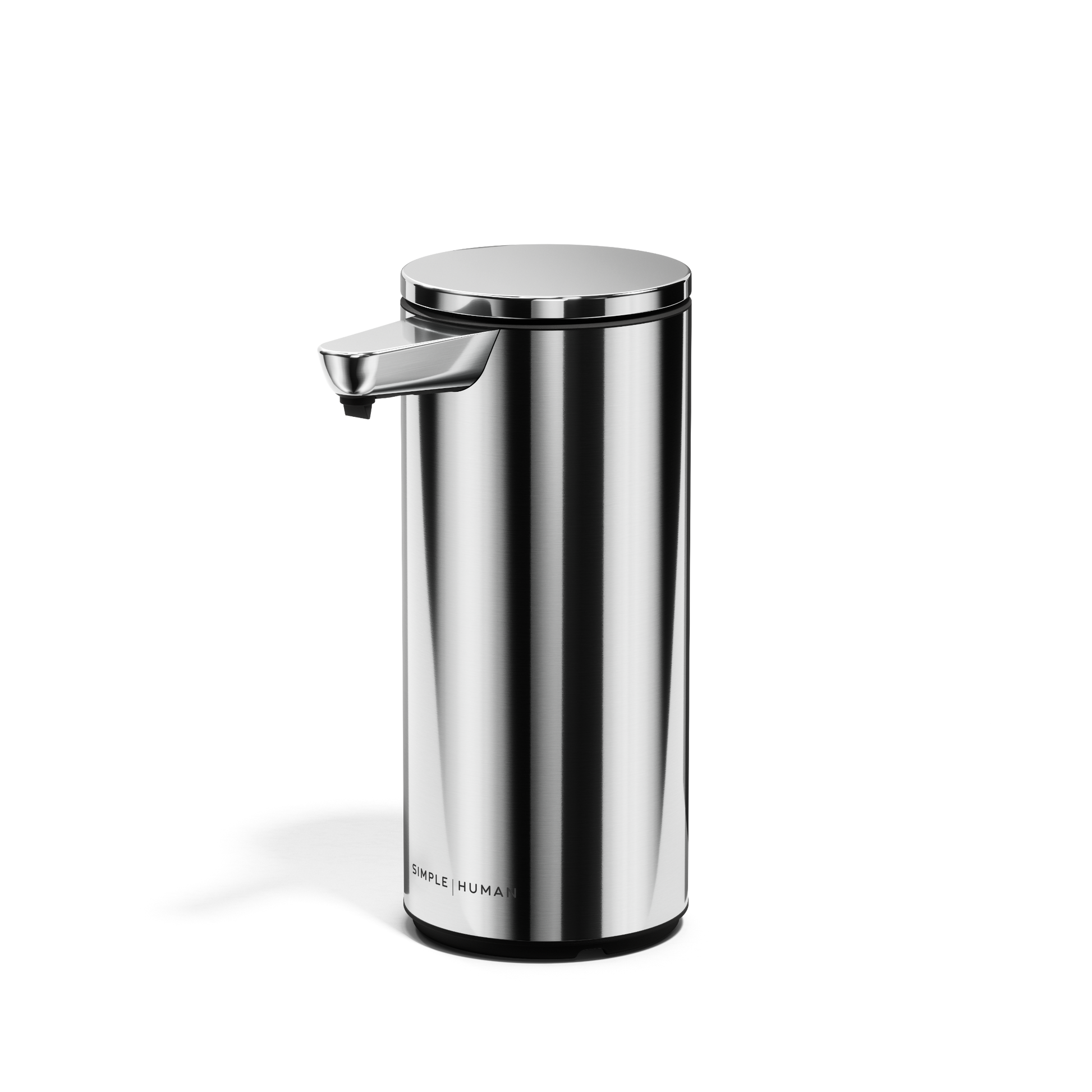 Studio shot of Simplehuman 9 oz. Rechargeable Sensor Pump in Polished Stainless Steel, touch-free.