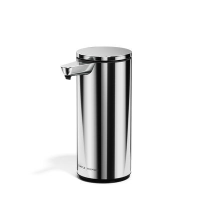 Studio shot of Simplehuman 9 oz. Rechargeable Sensor Pump in Polished Stainless Steel, touch-free.