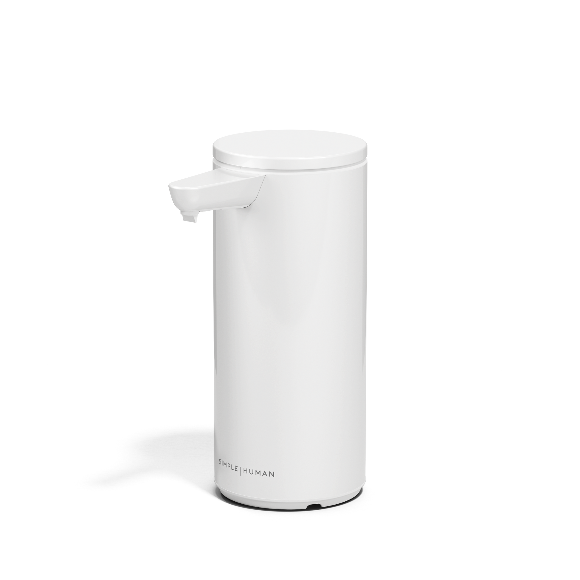 Angled view of Simplehuman 9 oz. Rechargeable Sensor Pump in White, touch-free operation.