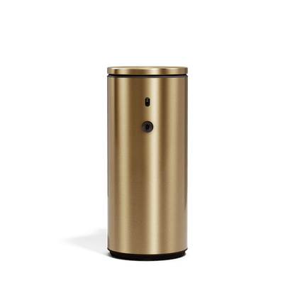 Front view of Simplehuman 9 oz. Rechargeable Sensor Pump in Brass, adjustable dosage.