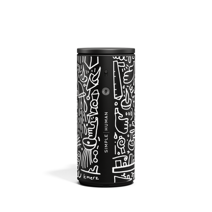 Front studio view of Simplehuman 9 oz. Sensor Pump in Black Doodle Graphic, touch-free with adjustable dosage.