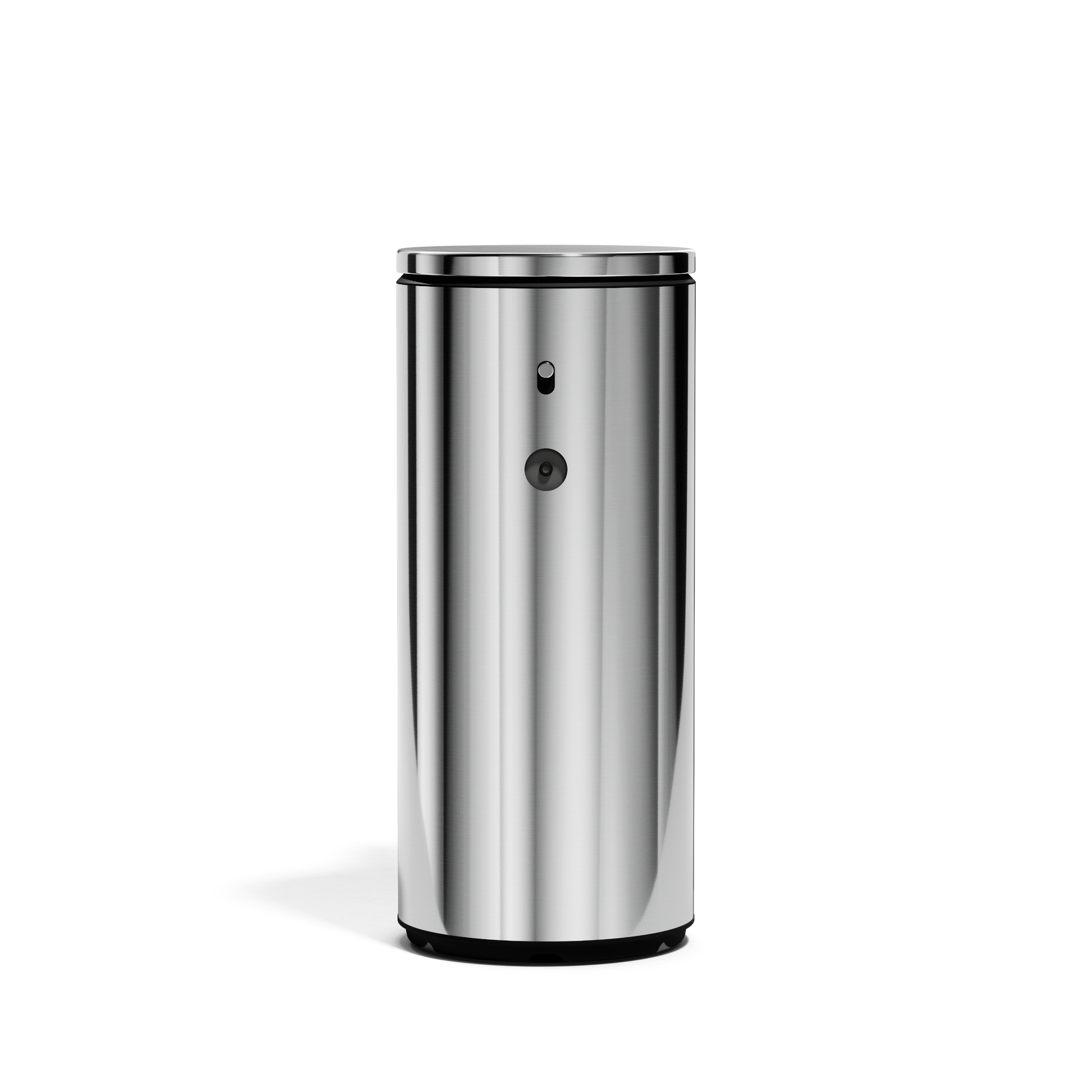 Straight-on view of Simplehuman 9 oz. Rechargeable Sensor Pump in Polished Stainless Steel, touch-free, adjustable dosage.