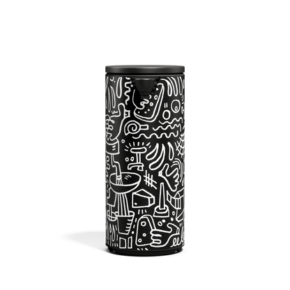 Simplehuman 9 oz. Rechargeable Sensor Pump, Black Doodle Graphic finish, touch-free dispenser.