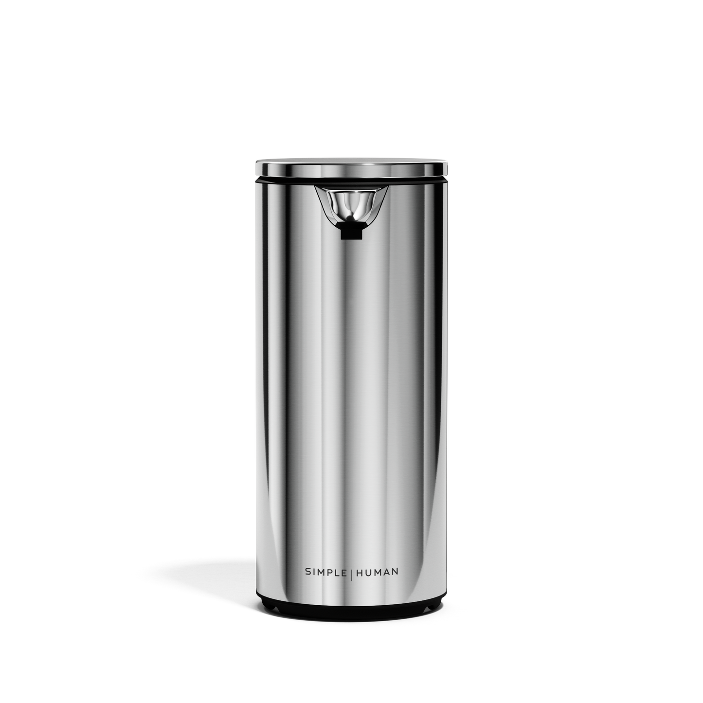 Straight-on view of Simplehuman 9 oz. Rechargeable Sensor Pump in Brushed Stainless Steel, adjustable dosage.