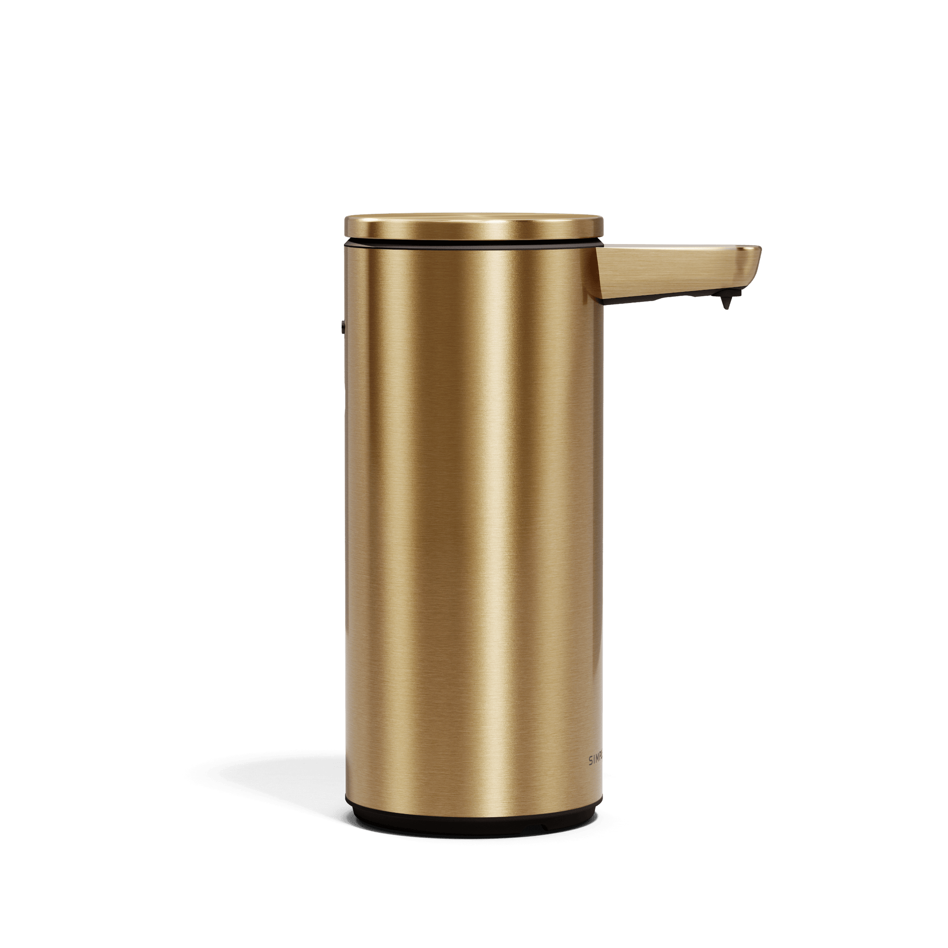Side view of Simplehuman 9 oz. Rechargeable Sensor Pump in Brass, hands-free liquid dispenser.