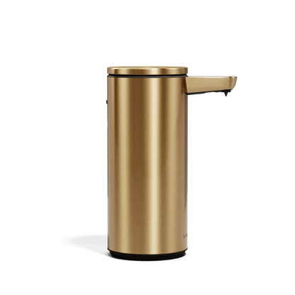 Side view of Simplehuman 9 oz. Rechargeable Sensor Pump in Brass, hands-free liquid dispenser.