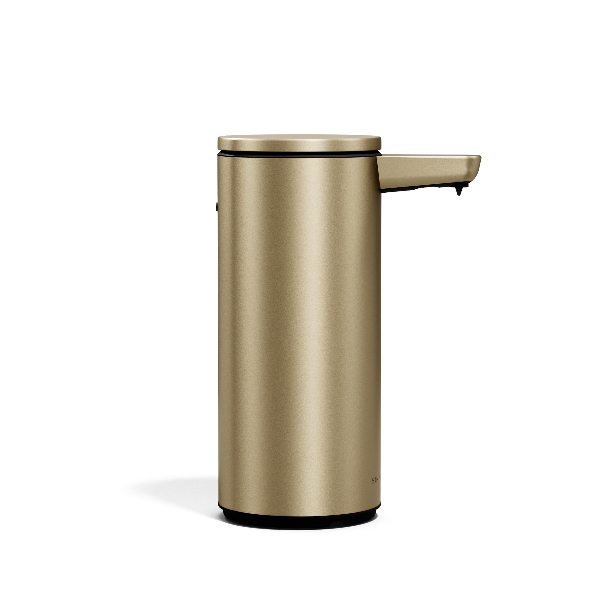 Simplehuman 9 oz. Rechargeable Sensor Pump in Brass, profile view highlighting the touch-free spout.